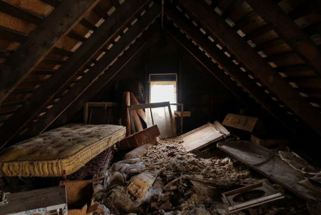 Cluttered, unboarded loft in need of boarding and insulation