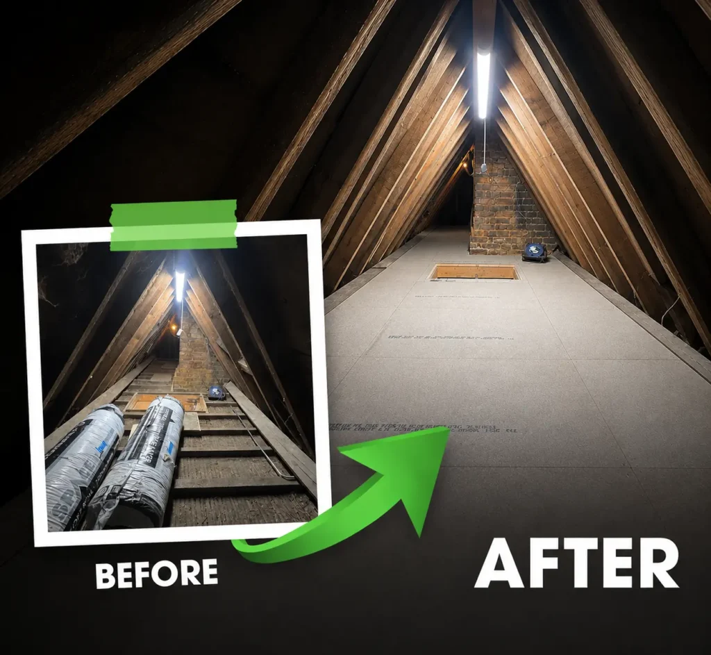 Before and after loft boarding transformation by TG Loft Boarding